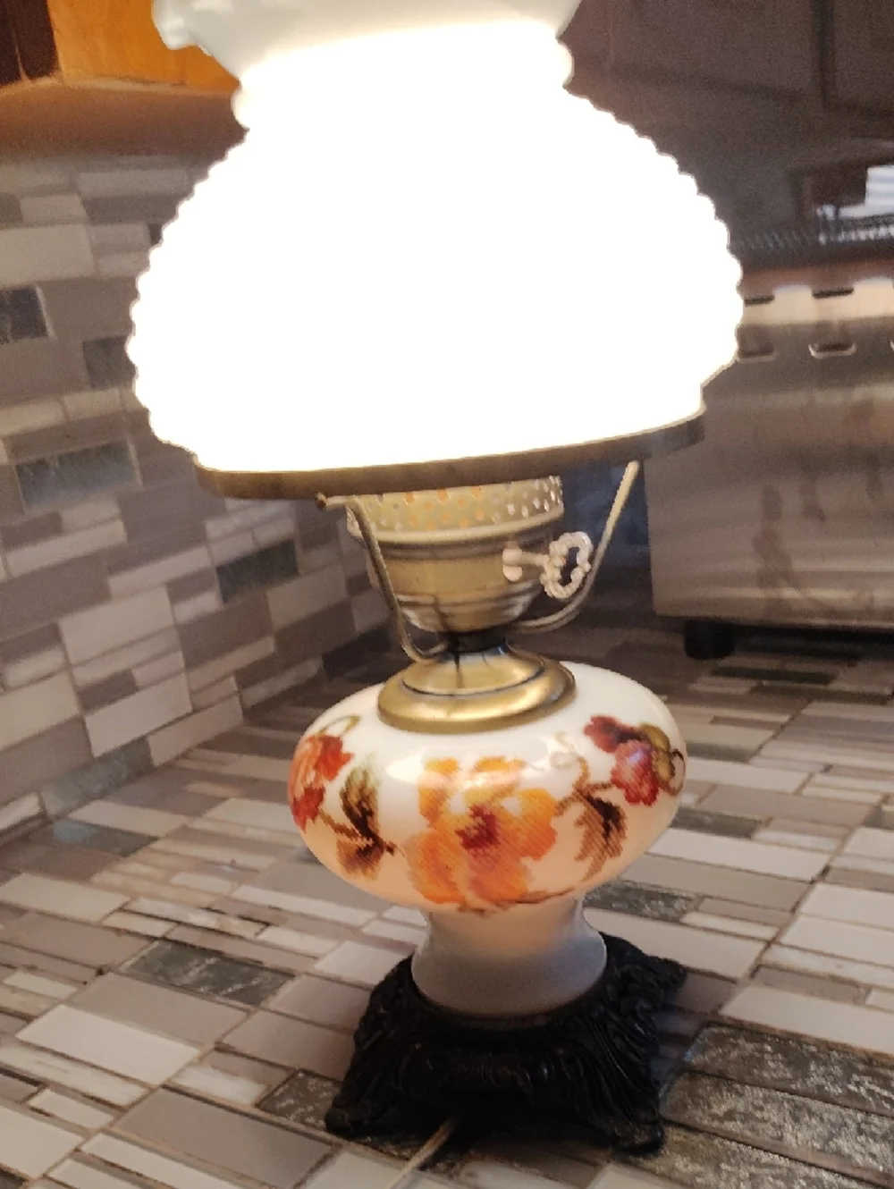 Vintage-Style White Hobnail Glass Table Lamp with Floral Base